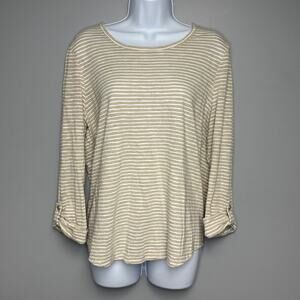 Chico's Neutral Preppy Nautical Stripe Rolltab 3/4 Sleeve Top Womens Sz L